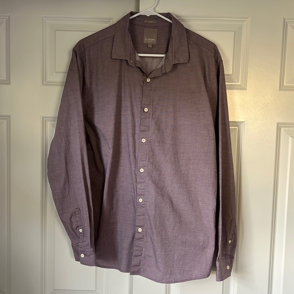 A-Frame Mens Large Slim Stretch Purple Casual Button-Up Shirt
